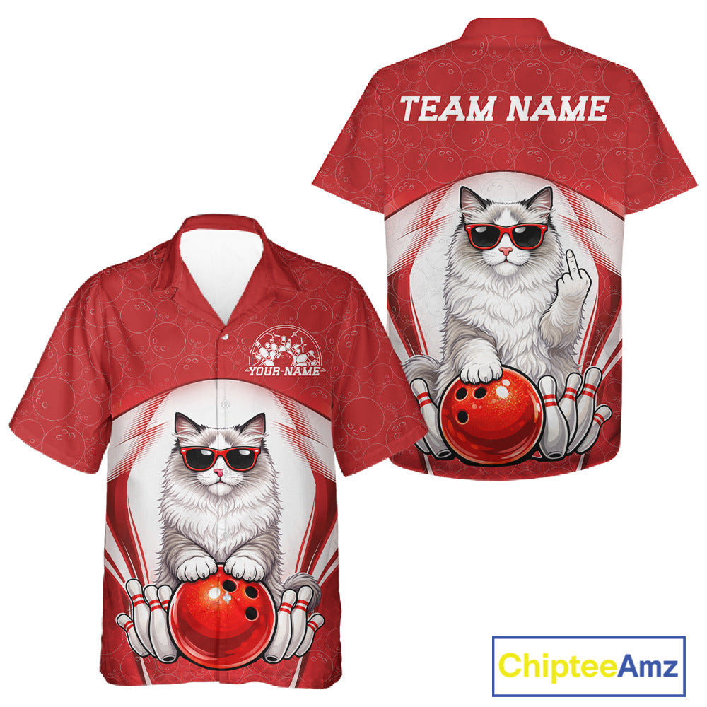 Front and back view of a white and red button-up bowling shirt featuring a ragdoll cat wearing sunglasses beside a bowling ball.