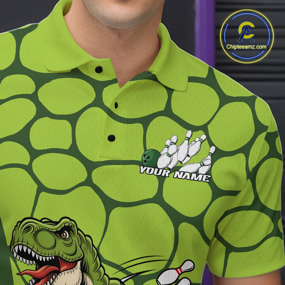 Custom Funny Green Dinosaur Bowling Team Men Polo Shirt, Bowling Tournament Team Shirt IPHW9931