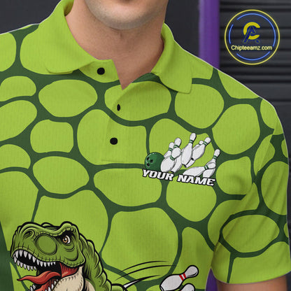 Custom Funny Green Dinosaur Bowling Team Men Polo Shirt, Bowling Tournament Team Shirt IPHW9931