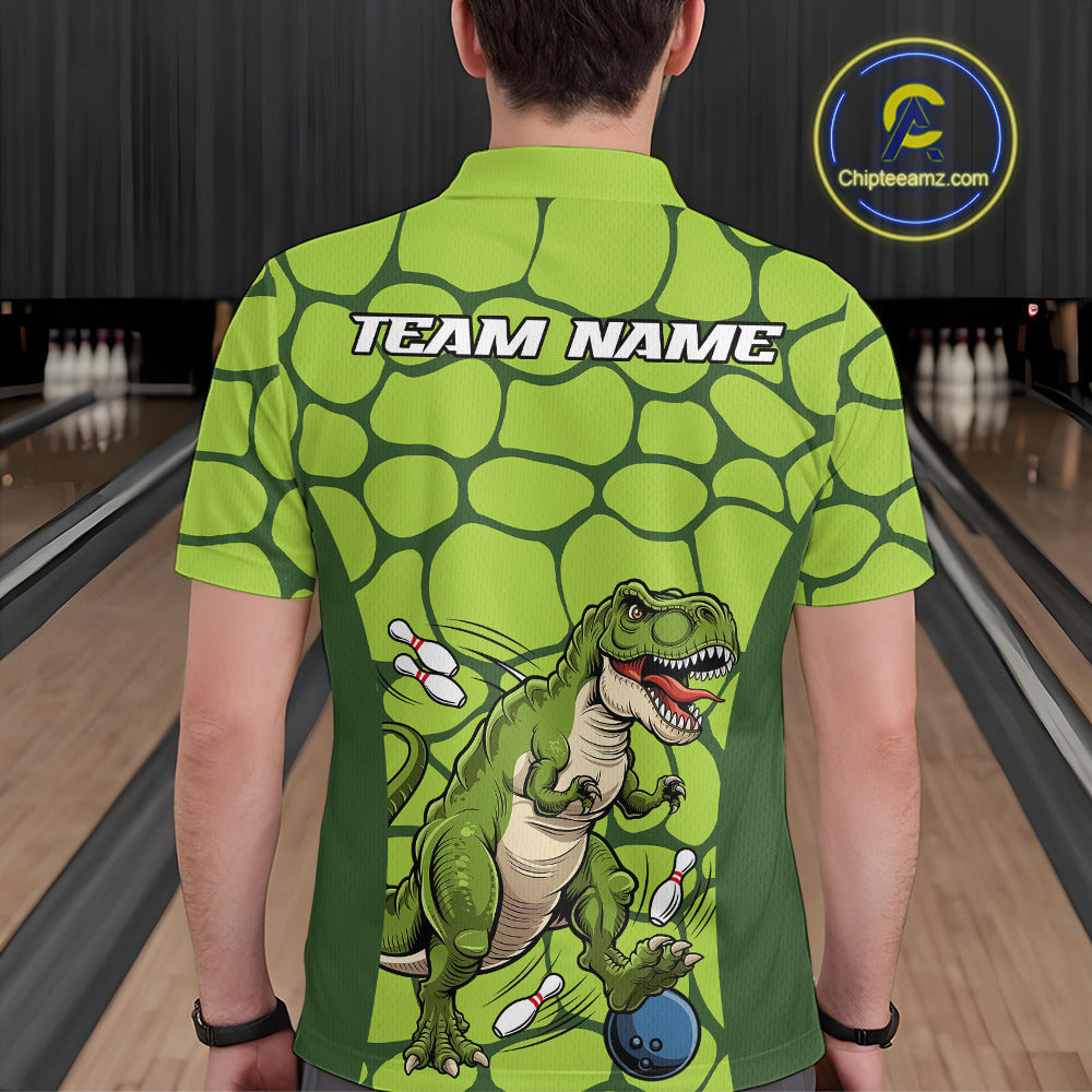 Custom Funny Green Dinosaur Bowling Team Men Polo Shirt, Bowling Tournament Team Shirt IPHW9931