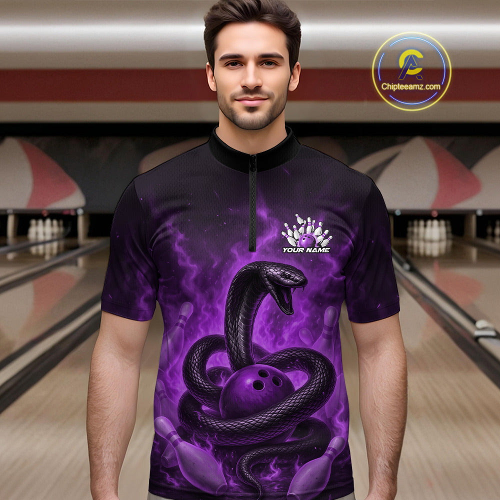 Custom Purple Flame Black Mamba Snake Bowling Men Quarter-Zip Shirt, Snake Bowling Team Jerseys IPHW10150