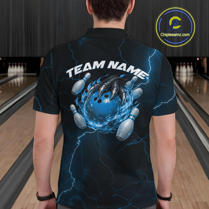 Back view of a black and blue mens bowling polo displaying a flaming bowling ball and dragon claw design.