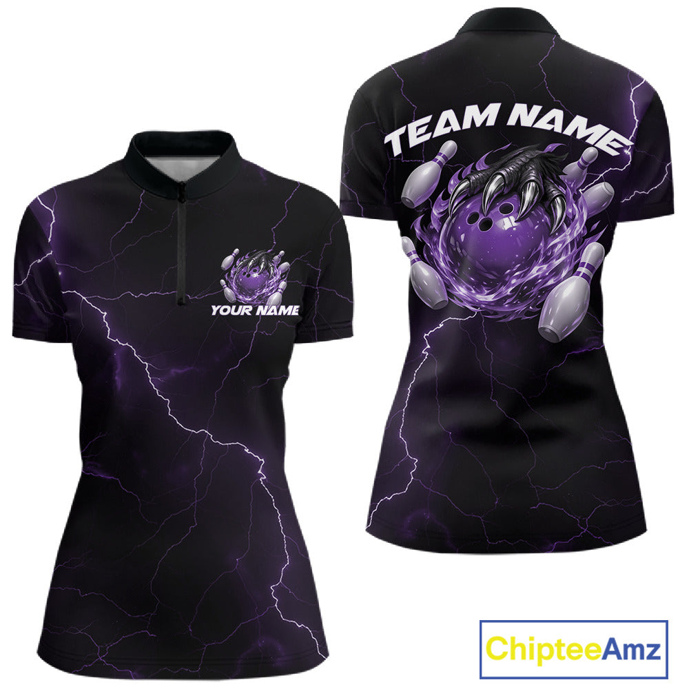 Front and back black and purple womens quarter-zip featuring a dragon claw holding a flaming bowling ball.