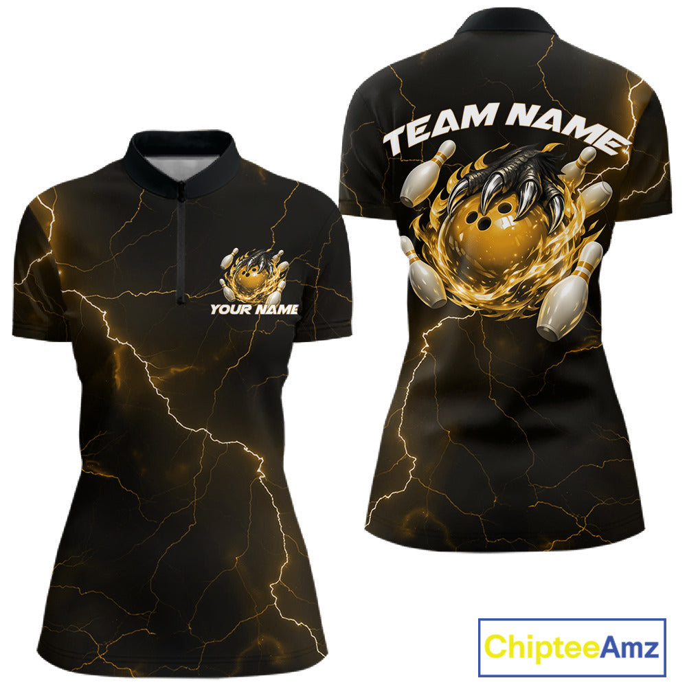 Front and back black and yellow womens quarter-zip featuring a dragon claw gripping a flaming bowling ball with scattered pins.