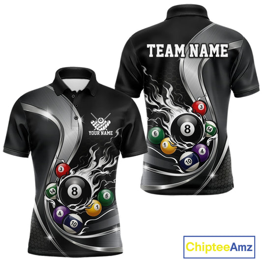 Front and back mockup of a mens black and silver billiard polo with metallic ribbon accents, dark honeycomb artwork, and a flaming 8-ball motif