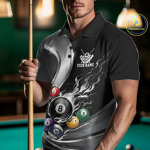 Load image into Gallery viewer, Front view of a male model in a black and silver billiard polo featuring metallic ribbons, a dark honeycomb background, and a flaming 8-ball design