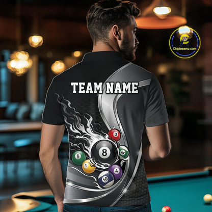 Back view of a male model wearing a black and silver billiard polo with metallic ribbons, dark honeycomb artwork, and scattered pool balls