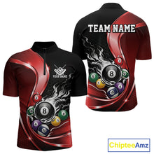 Load image into Gallery viewer, Front and back mockup of a mens black and red billiard quarter zip featuring metallic ribbons, dark honeycomb graphics, and a flaming 8-ball