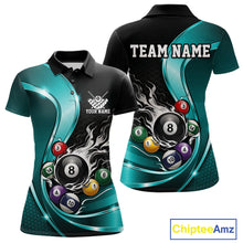 Load image into Gallery viewer, Front and back mockup of a womens black and blue billiard polo featuring metallic ribbon artwork, a dark honeycomb pattern, and a flaming 8-ball motif