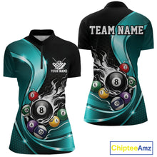 Load image into Gallery viewer, Front and back mockup of a womens black and blue billiard quarter zip showcasing metallic ribbons, dark honeycomb graphics, and a flaming 8-ball with pool balls