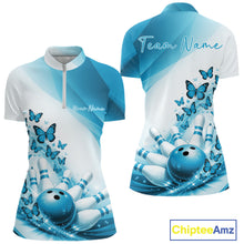 Load image into Gallery viewer, Front and back mockup of a womens white and blue bowling quarter zip featuring butterfly graphics and colorful bowling artwork