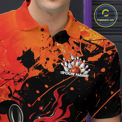 Custom Red Orange Flame Bowling Men Polo Shirts, Splatter Bowling Team Tournament Shirt IPHW9932