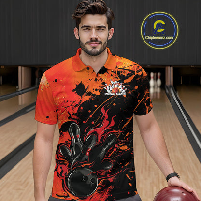 Custom Red Orange Flame Bowling Men Polo Shirts, Splatter Bowling Team Tournament Shirt IPHW9932