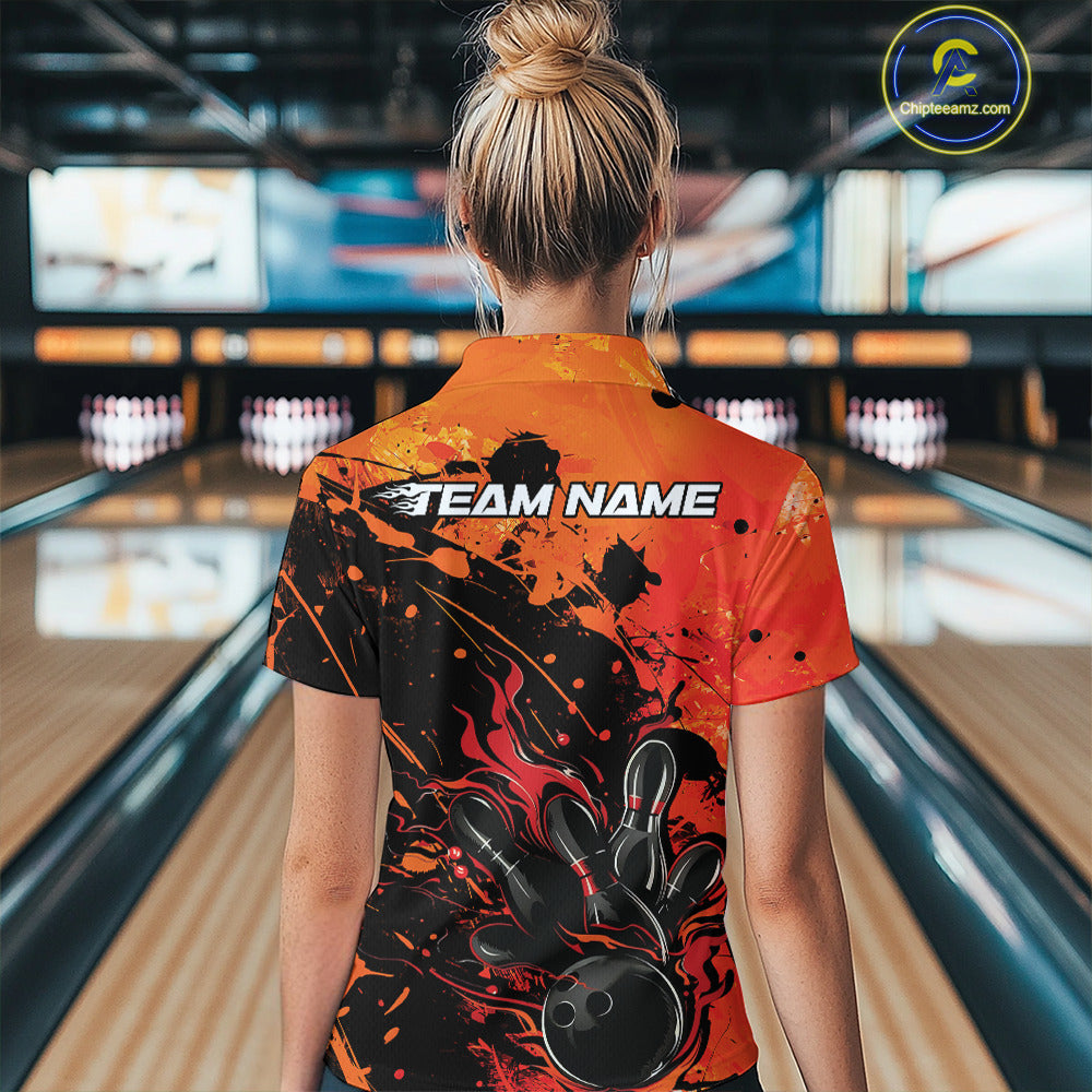 Custom Red Orange Flame Bowling Women Polo Shirts, Splatter Bowling Team Tournament Shirt IPHW9932