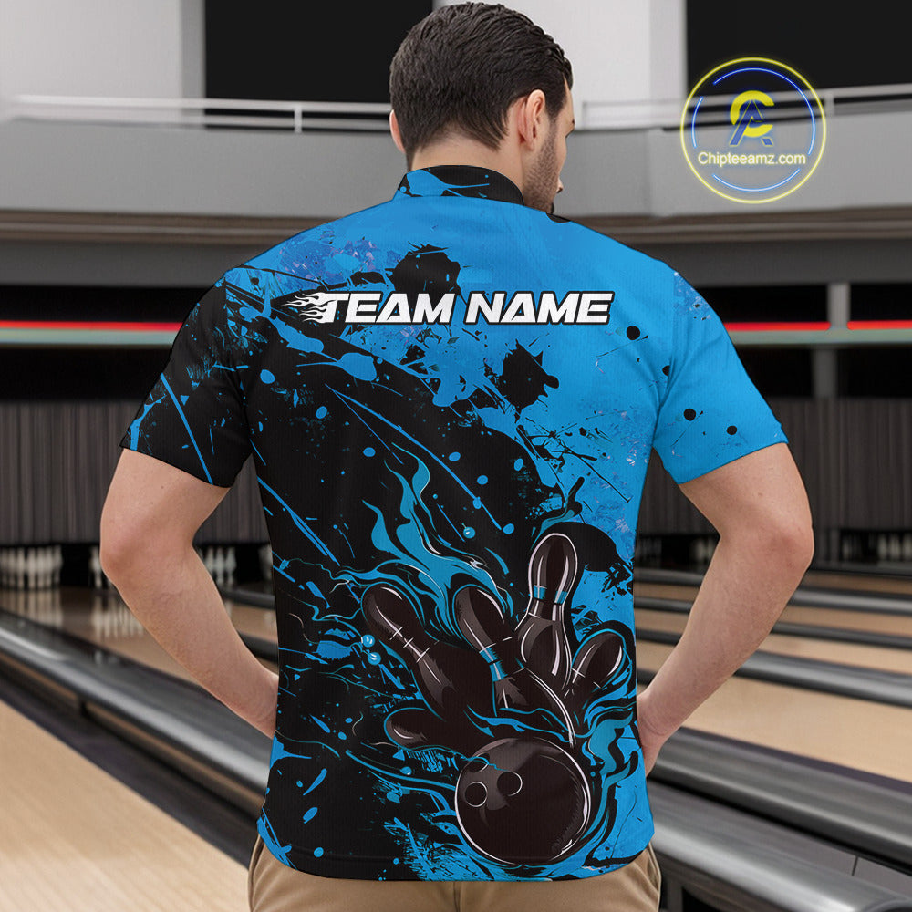 Custom Blue Flame Bowling Men Quarter-Zip Shirts, Splatter Bowling Team Tournament Shirt IPHW9933