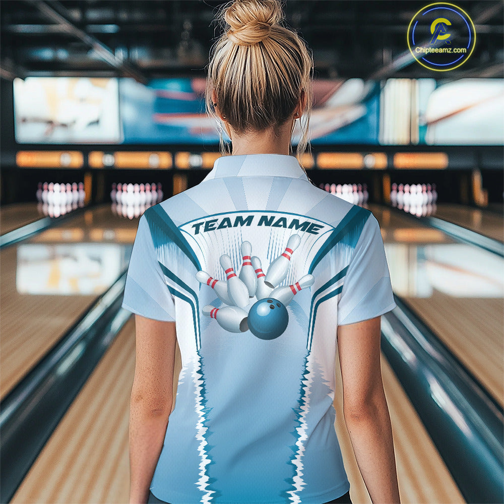 Custom Blue Bowling Team Jerseys, Bowling Uniform Bowling League Polo Shirts For Women IPHW9935