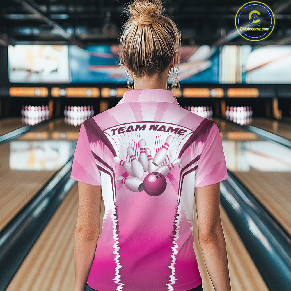 Custom Pink Bowling Team Jerseys, Bowling Uniform Bowling League Polo Shirts For Women IPHW9936
