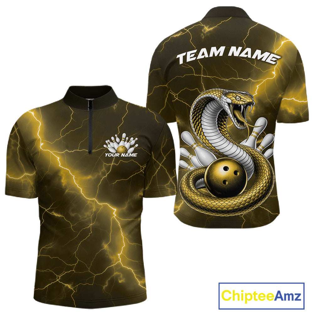Mens bowling quarter-zip mockup featuring a yellow cobra coiled around a bowling ball with scattered pins.