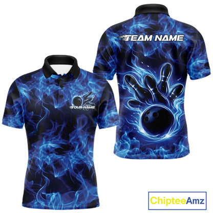 Front and back mens blue bowling polo featuring a bowling ball surrounded by blazing flame artwork.