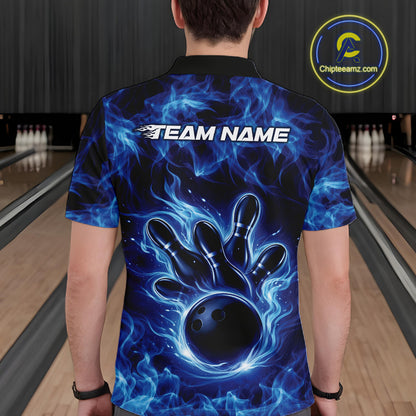 Back view of a mens blue bowling polo displaying a bowling ball surrounded by blazing flame artwork.
