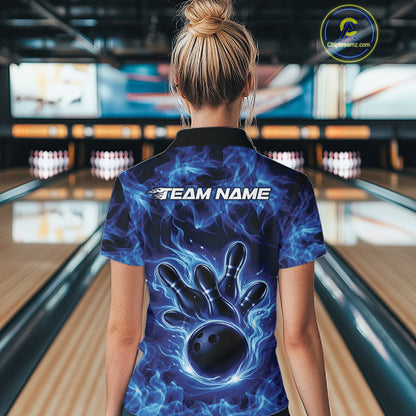 Back view of a blue bowling quarter-zip showcasing a bowling ball encircled by flames.