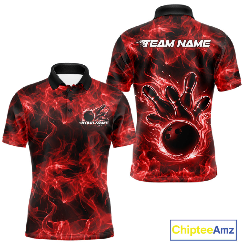 Front and back mens red bowling polo featuring a bowling ball surrounded by bold flame accents.