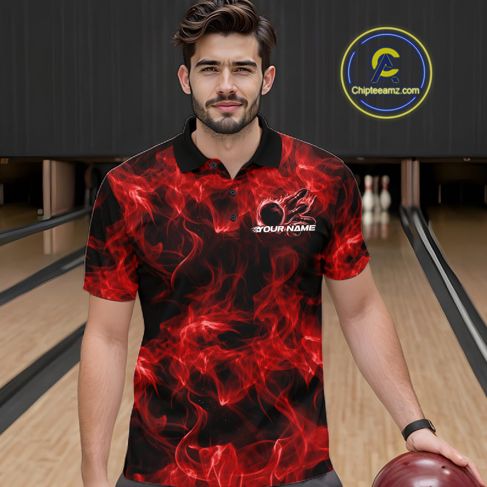 Male model wearing a red bowling polo at the bowling alley with blazing bowling ball artwork.