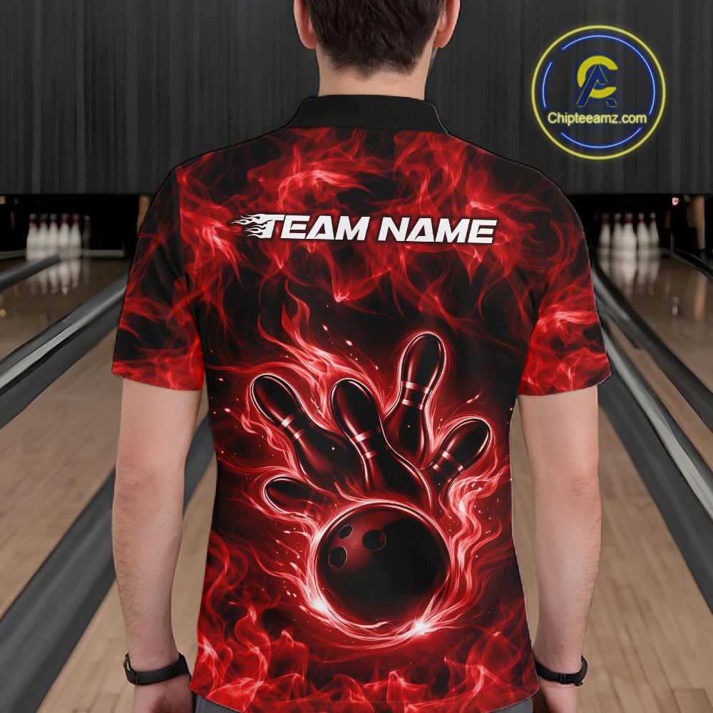 Back view of a red mens bowling polo showcasing a bowling ball surrounded by flames.
