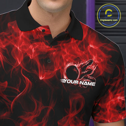 Close-up left chest detail of a red bowling polo featuring a fiery bowling ball motif.