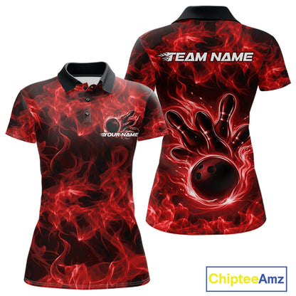 Front and back womens red bowling polo featuring a bowling ball surrounded by bold flame graphics.