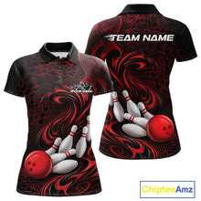 Load image into Gallery viewer, Front and back view of a black and red womens bowling polo shirt featuring a tribal flame bowling ball and pins graphic