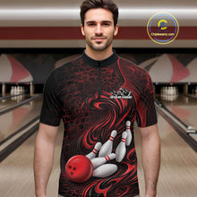Load image into Gallery viewer, Male model wearing a black and red bowling quarter-zip shirt in a bowling alley featuring a tribal flame bowling ball and pins graphic