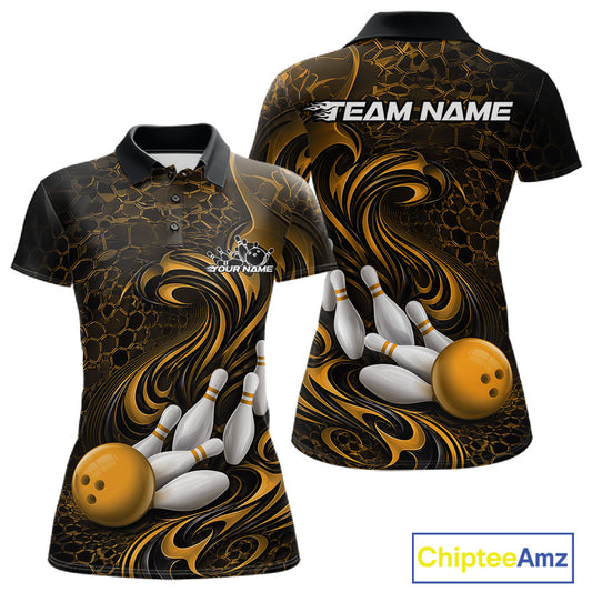 Front and back view of a black and yellow womens bowling polo shirt featuring a tribal flame bowling ball and pins graphic