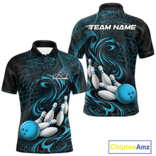Load image into Gallery viewer, Front and back view of a black and blue mens bowling polo shirt featuring a tribal flame bowling ball and pins graphic
