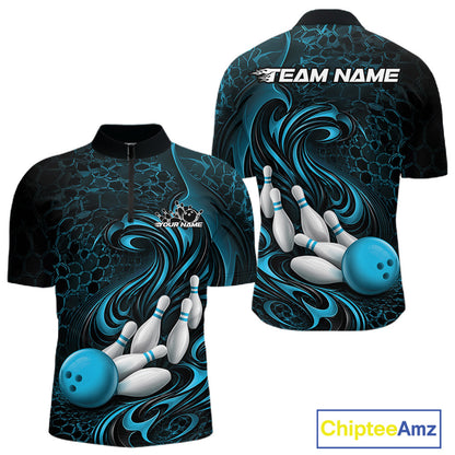 Front and back view of a black and blue mens bowling quarter-zip shirt featuring a tribal flame bowling ball and pins graphic