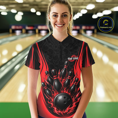 Custom Black And Red Fire Flame Bowling Jerseys, Bowling Women Quarter-Zip Shirts IPHW11686
