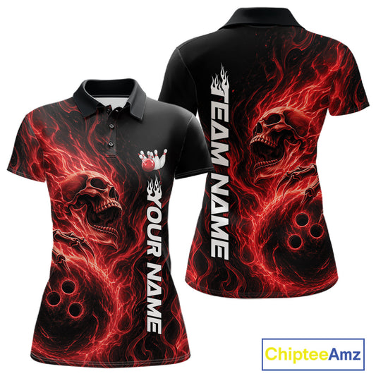 Front and back view of a black womens bowling polo shirt featuring a skull clutching a bowling ball engulfed in swirling red energy flames