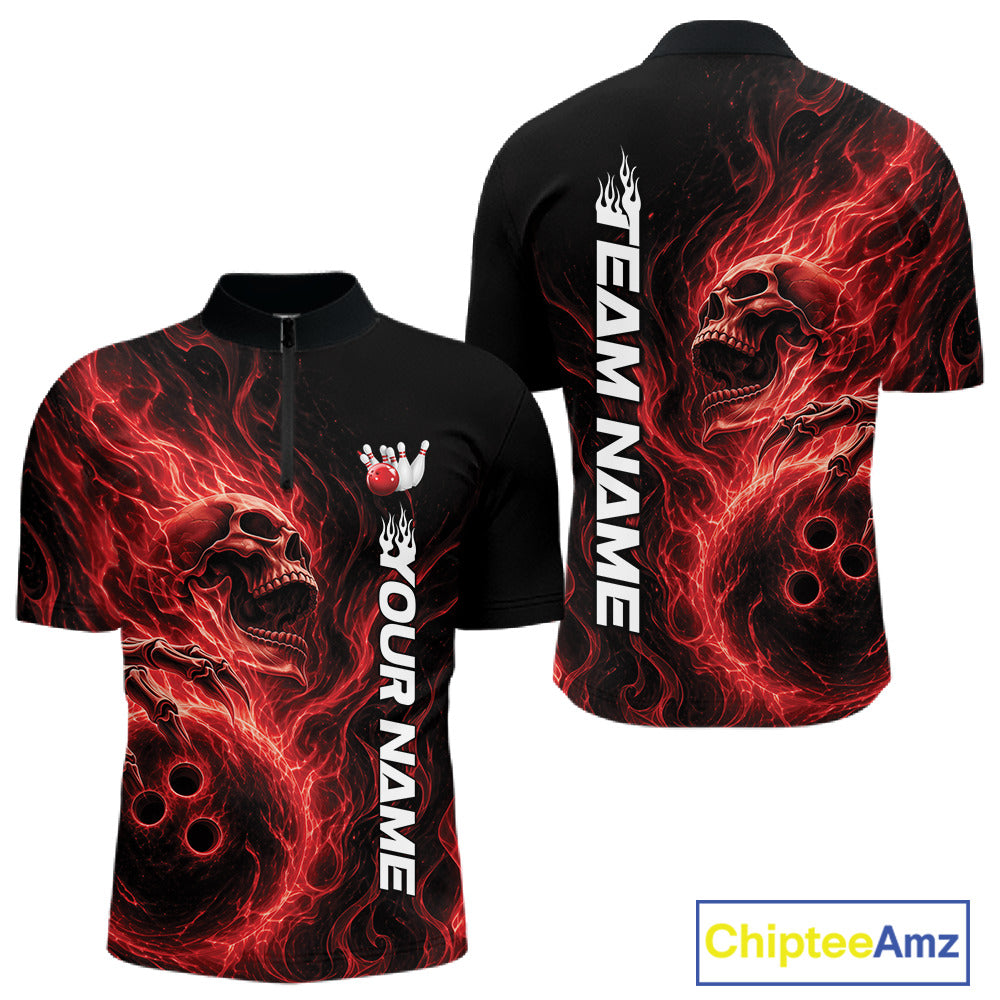 Front and back view of a men's bowling quarter-zip shirt mockup featuring a fiery red skull clutching a bowling ball surrounded by swirling energy flames on a black shirt