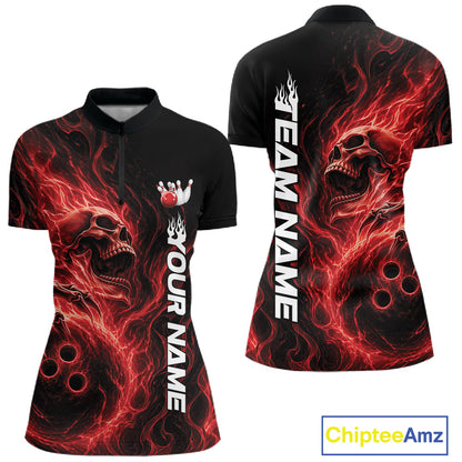 Front and back view of a black womens bowling quarter-zip shirt featuring a skull clutching a bowling ball surrounded by swirling red energy flames