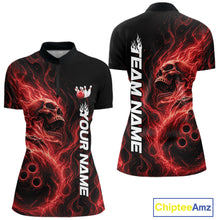 Load image into Gallery viewer, Front and back view of a black womens bowling quarter-zip shirt featuring a skull clutching a bowling ball surrounded by swirling red energy flames
