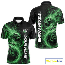 Load image into Gallery viewer, Front and back view of a black men's bowling polo shirt featuring a skull clutching a bowling ball surrounded by swirling green energy flames