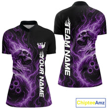 Load image into Gallery viewer, Front and back view of a black womens bowling quarter-zip shirt featuring a skull clutching a bowling ball engulfed in swirling purple energy flames