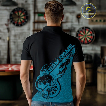 Custom Blue Flame Skull Dartboard Dart Men Polo Shirt, Halloween Dart Team Outfit IPHW9944