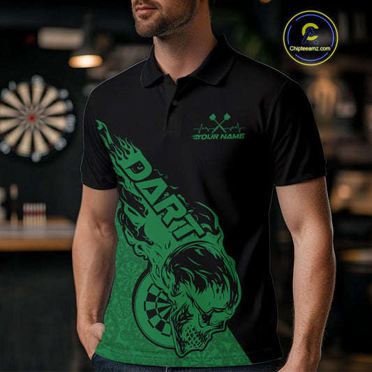 Custom Green Flame Skull Dartboard Dart Men Polo Shirt, Halloween Dart Team Outfit IPHW9945