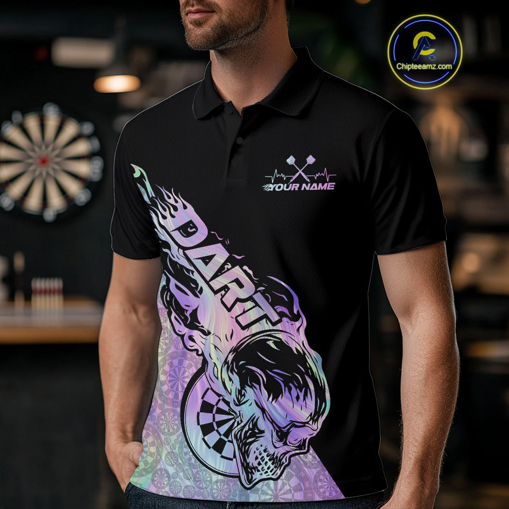 Custom Hologram Flame Skull Dartboard Dart Men Polo Shirt, Halloween Dart Team Outfit IPHW9946