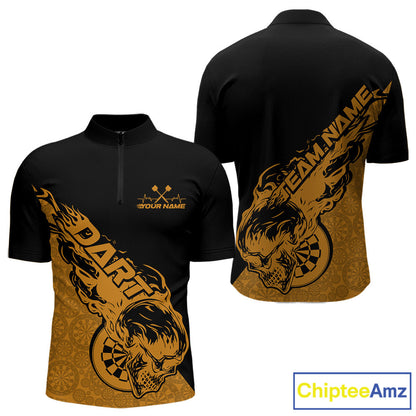 Custom Yellow Flame Skull Dartboard Dart Men Quarter-Zip Shirt, Halloween Dart Team Outfit IPHW9947
