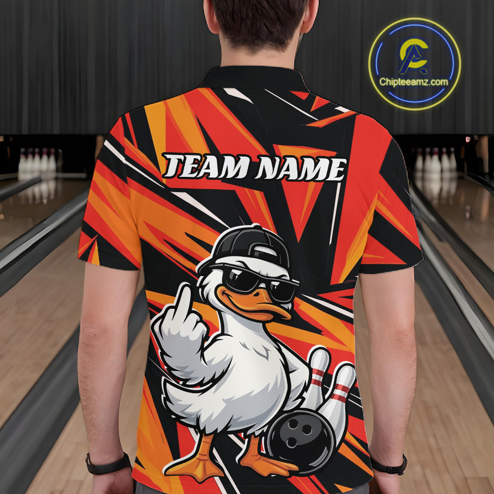 Back view of a black and orange mens bowling polo displaying a duck in sunglasses and cap alongside bowling-inspired graphics.