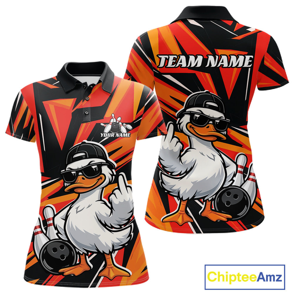 Womens bowling polo mockup shown from front and back with a duck beside a bowling ball and pins on a black and orange color scheme.
