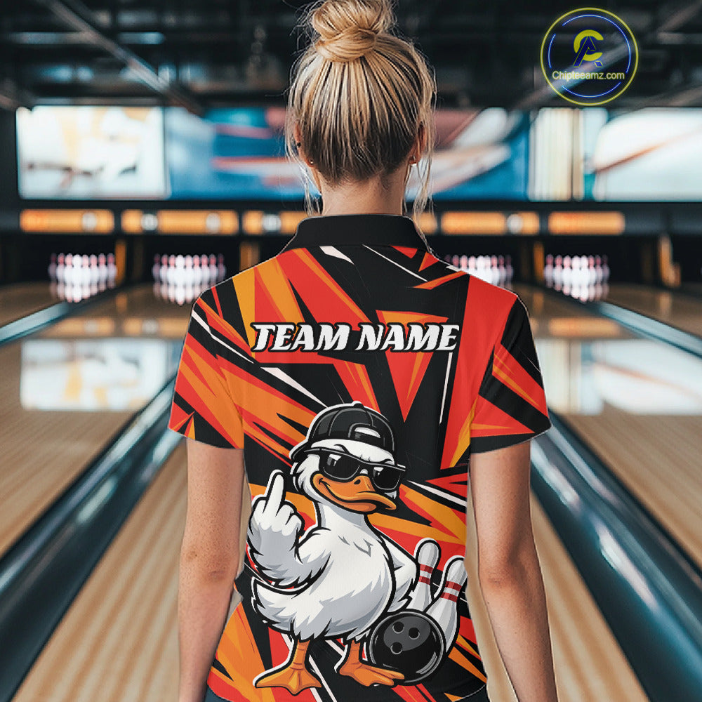 Back view of a womens bowling polo with duck graphics, bowling pins, and a geometric background motif.