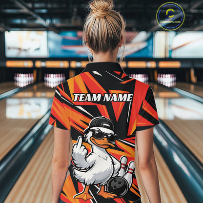 Back view of a womens bowling polo with duck graphics, bowling pins, and a geometric background motif.